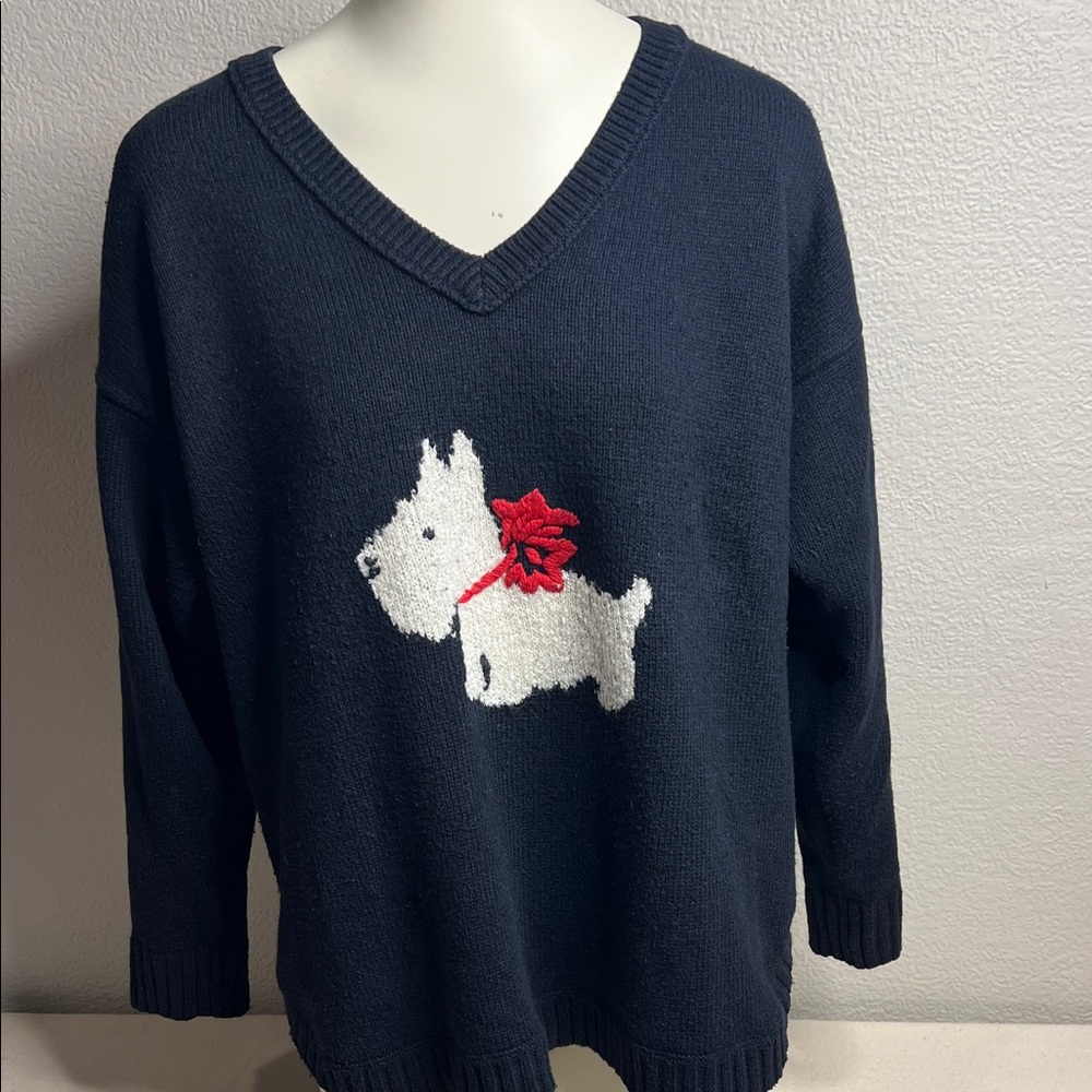 J. Jill Petite L Navy Blue Scottie Dog Sweater V-Neck Knit Pullover Cute Preppy